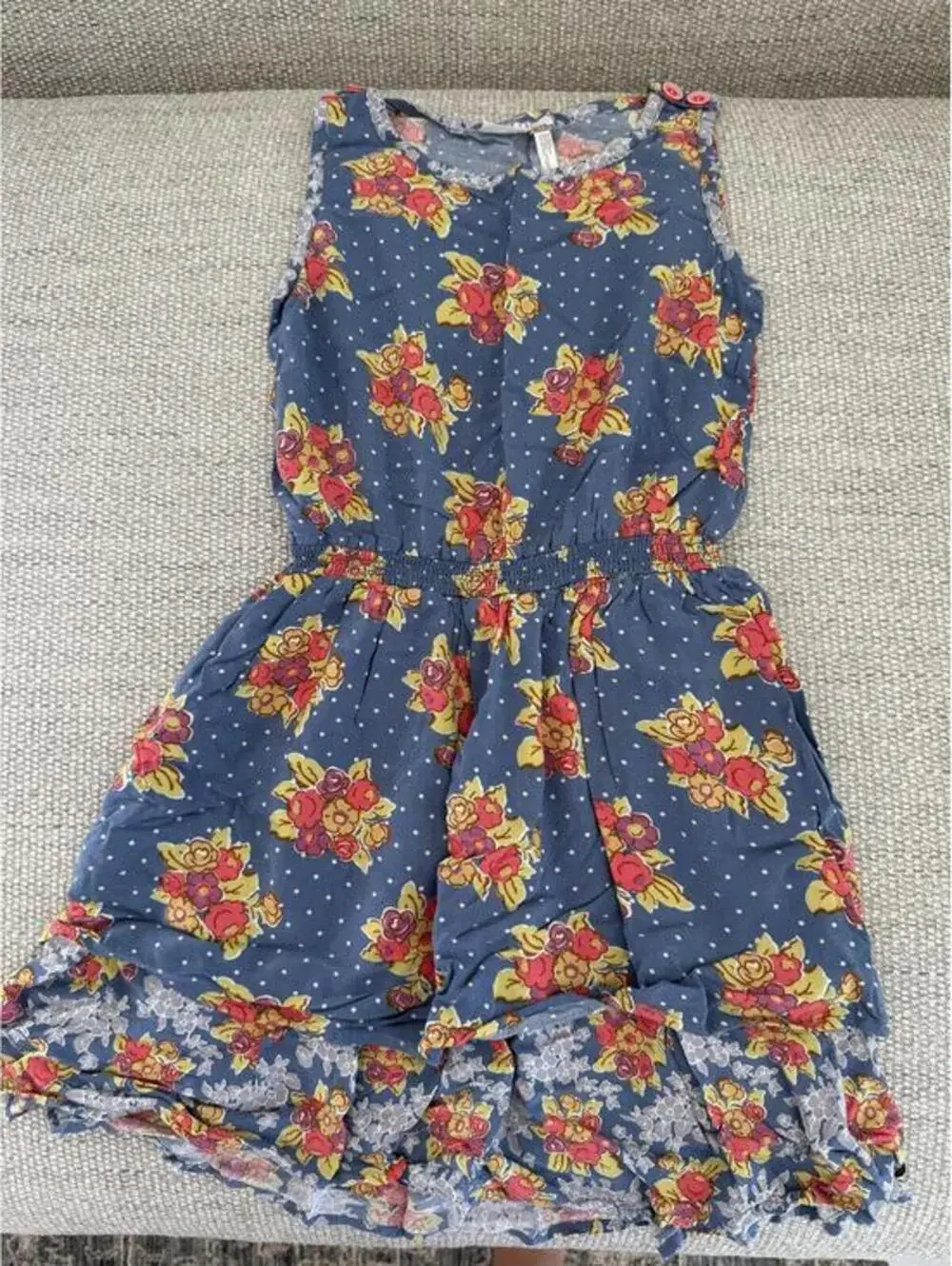 Matilda Jane 435 Girls Floral Dress 12 Blue Polka Dot Ruffle Hem Cottagecore